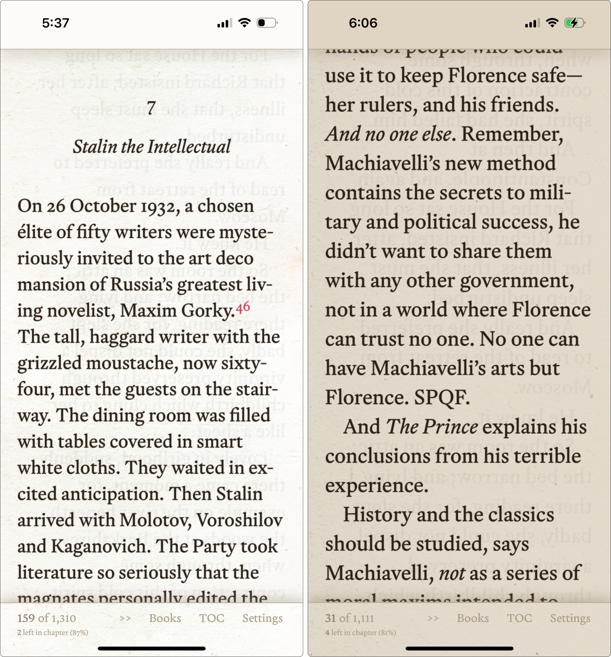 Two ebook reader screenshots side by side. The one on the right has a larger font size.