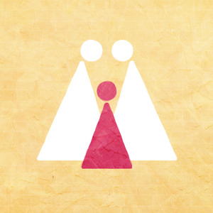 Two white circle-and-triangle figures with a smaller red circle-and-triangle figure between them.