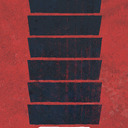 A vertical stack of horizontal dark blue bars, with a flat white trapezoid at the bottom of the stack.