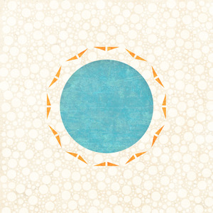 A large blue circle at center, surrounded by twelve pairs of small orange triangles; the background is dotted in small white circles.