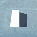 A large white trapezoid at left; a smaller dark purple trapezoid at right.