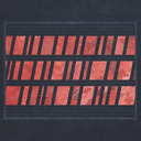 Three horizontal bands of vertical red parallelograms leaning to the right, on a dark blue background.