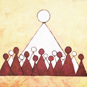 A row of dark red circle and triangle figures, with a row of white circle and triangle figures behind them and a very large white circle and triangle figure behind them all.