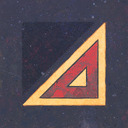 A small yellow triangle surrounded by a hollow red triangle surrounded by a large yellow triangle.