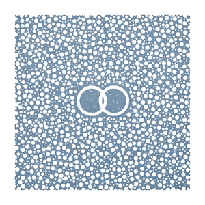 Two intertwined medium-size white circles at center surrounded by hundreds of small white circles.