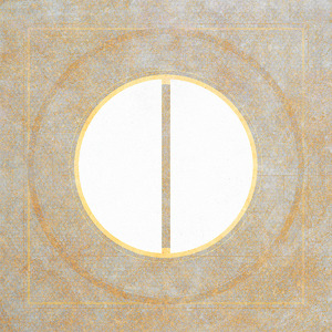 Two white semicircles with a golden band circling them, and hundreds of tiny circles in the background.
