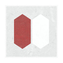 An elongated red hexagon next to an elongated white hexagon.
