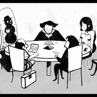 A black and white illustration of a round table with five characters around it. Clockwise, there is a bearded man in a black outfit staring at a rectangle on the table; a young woman with small antennae wearing a t-shirt and looking at her phone; a chair with hands and a bearded face wearing glasses; a strange looking large animal; a bald, mustached man in a starred shirt and shorts looking at a laptop; a man asleep on the floor; and a black snowman holding a pamphlet.