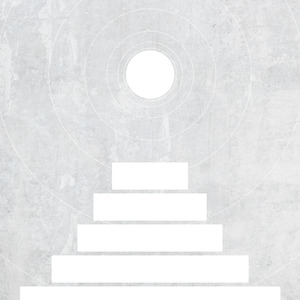 A white circle toward the top, and white rectangles forming the shape of a pyramid underneath.
