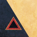 A red triangle in the lower left with a black triangle at its center and bordered by a yellow triangle, all on a dark blue background. The right half of the piece has a yellow background.