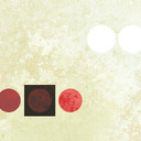At bottom left, from left: a red circle, a darker red circle in a dark square, a lighter red circle. At top right, two white circles next to each other.