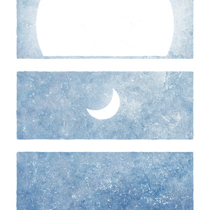 Three blue panels in a vertical layout. The top panel has a glowing white circle at center, large enough that you can't see the whole thing. The middle panel has a small glowing white moon shape at center. The bottom panel has lots of little white dots.