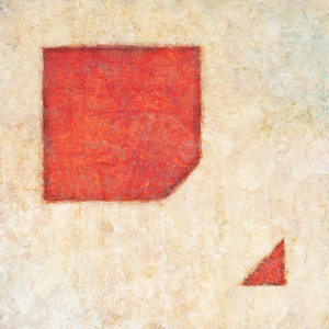 At upper left, a large red square with a corner broken off; at lower right, a small red triangle.