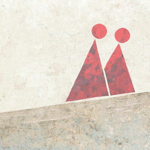 Two red circle-and-triangle figures walking side by side.