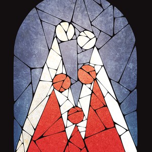 Red circle and triangle in the figure of a child, with two larger red circle and triangle figures standing behind it, with two even larger white circle and triangle figures standing behind them, in a cracked stained glass style.