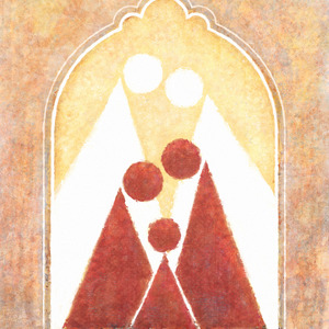 Red circle and triangle in the figure of a child, with two larger red circle and triangle figures standing behind it, with two even larger white circle and triangle figures standing behind them.