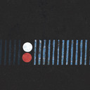 A white circle next to a red circle. To their right, several thin light blue lines. To their left, several faded dark blue lines.