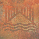 A row of vertical lines above a triangle above wavy lines.