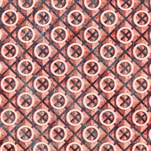 A repeating tiled pattern where each tile has a white circle over a diamond made up of four smaller diamonds.
