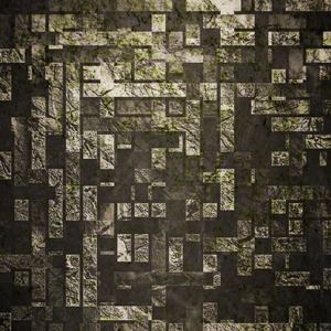 Rectangles in a random pattern, lit from above, with green stuff growing on them.