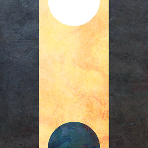 A white circle at top and a blue circle at bottom, on top of a yellow vertical strip, with a dark background on both sides.