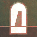 A vertical red trapezoid inside a white archway, just above a horizontal red line.