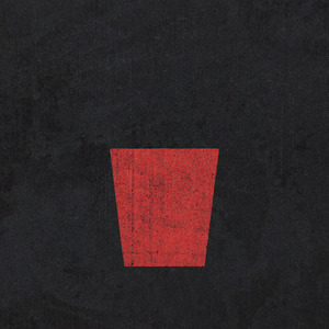 A red trapezoid shaped like a cup, over a dark background.