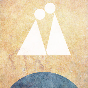 Two figures (white circles atop white triangles) at center, with a large blue circle underneath and hundreds of small white circles in the background.