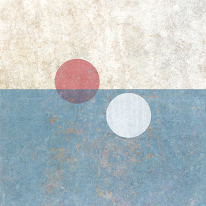 A red circle at left and a white circle, lower, at right, with a semi-transparent blue rectangle over the bottom half of the piece.