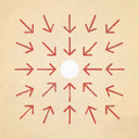 A white circle at center, surrounded by red arrows pointing at it.