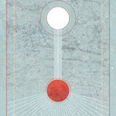 A white circle above with white lines leading straight down to a red circle below. White lines radiate down and out from the red circle.