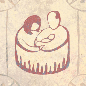 A drawing of a woman and a man holding a newborn baby.