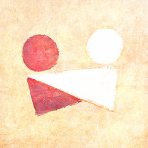 A red circle above a triangle at left; a white circle above an arm-like triangle at right.