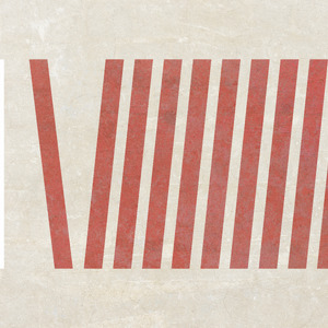 One vertical white rectangle at left, a vertical red rectangle leaning towards it, and nine vertical red rectangles leaning away.