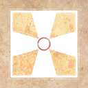 A white circle at center with a red border, with thick white rays going out from it in each of the four cardinal directions.