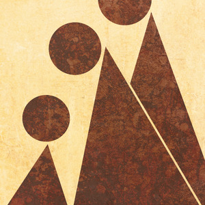 A small brown circle-and-triangle figure on the left approaches two larger brown circle-and-triangle figures on the right.