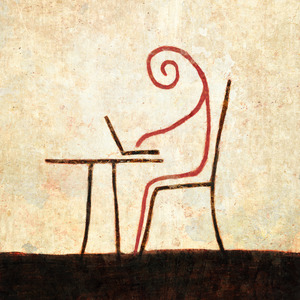 A red lined figure sitting at a table and chair.