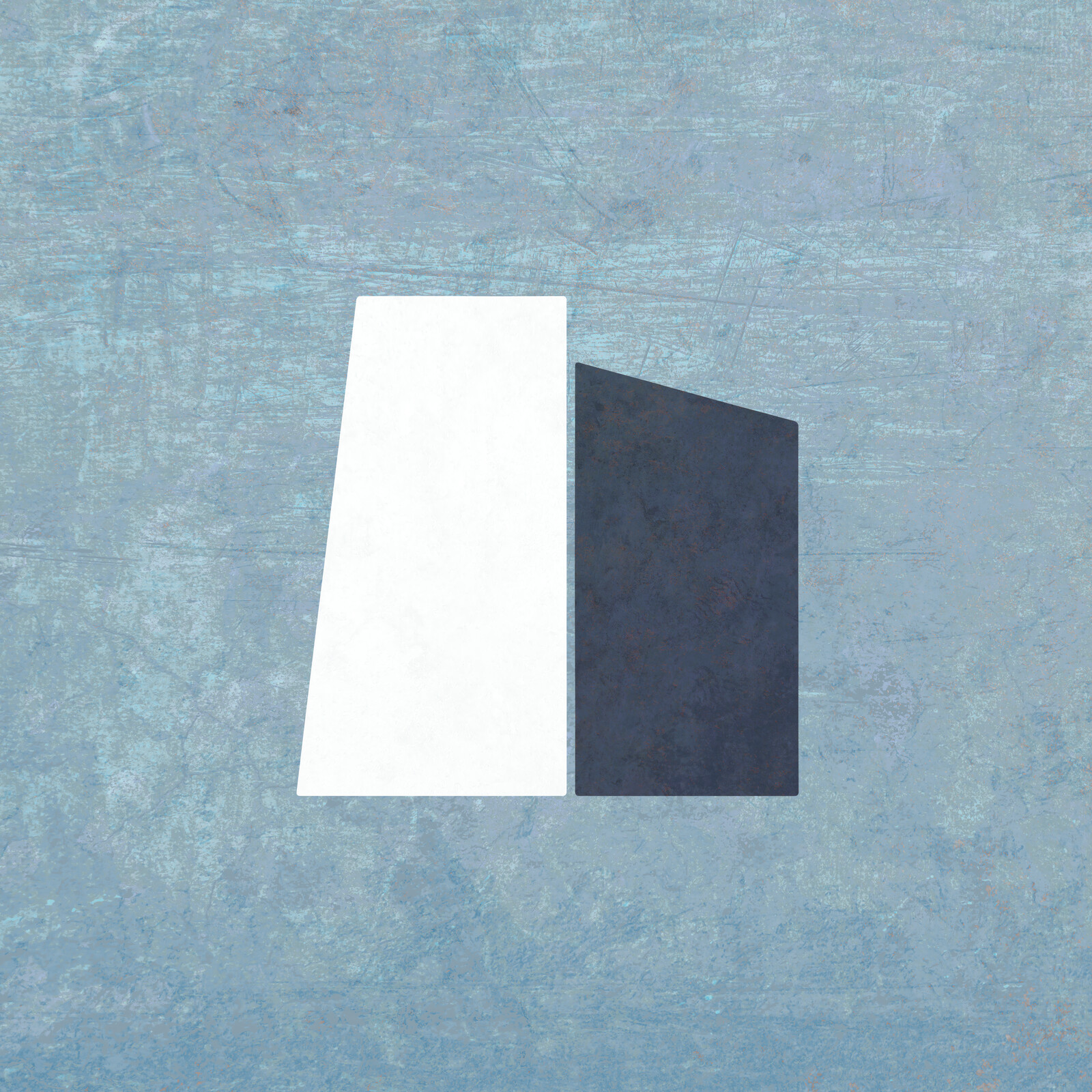 A large white trapezoid at left; a smaller dark purple trapezoid at right.