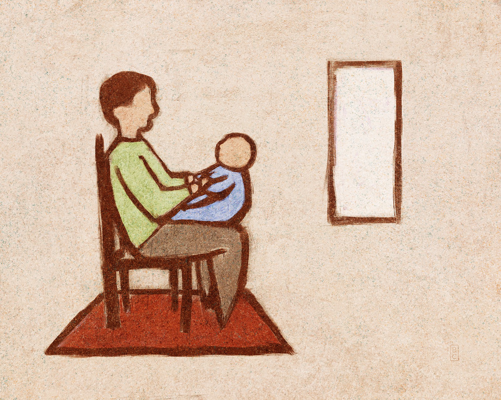 A man sitting in a chair holding a baby on his lap, with a window off to the side.