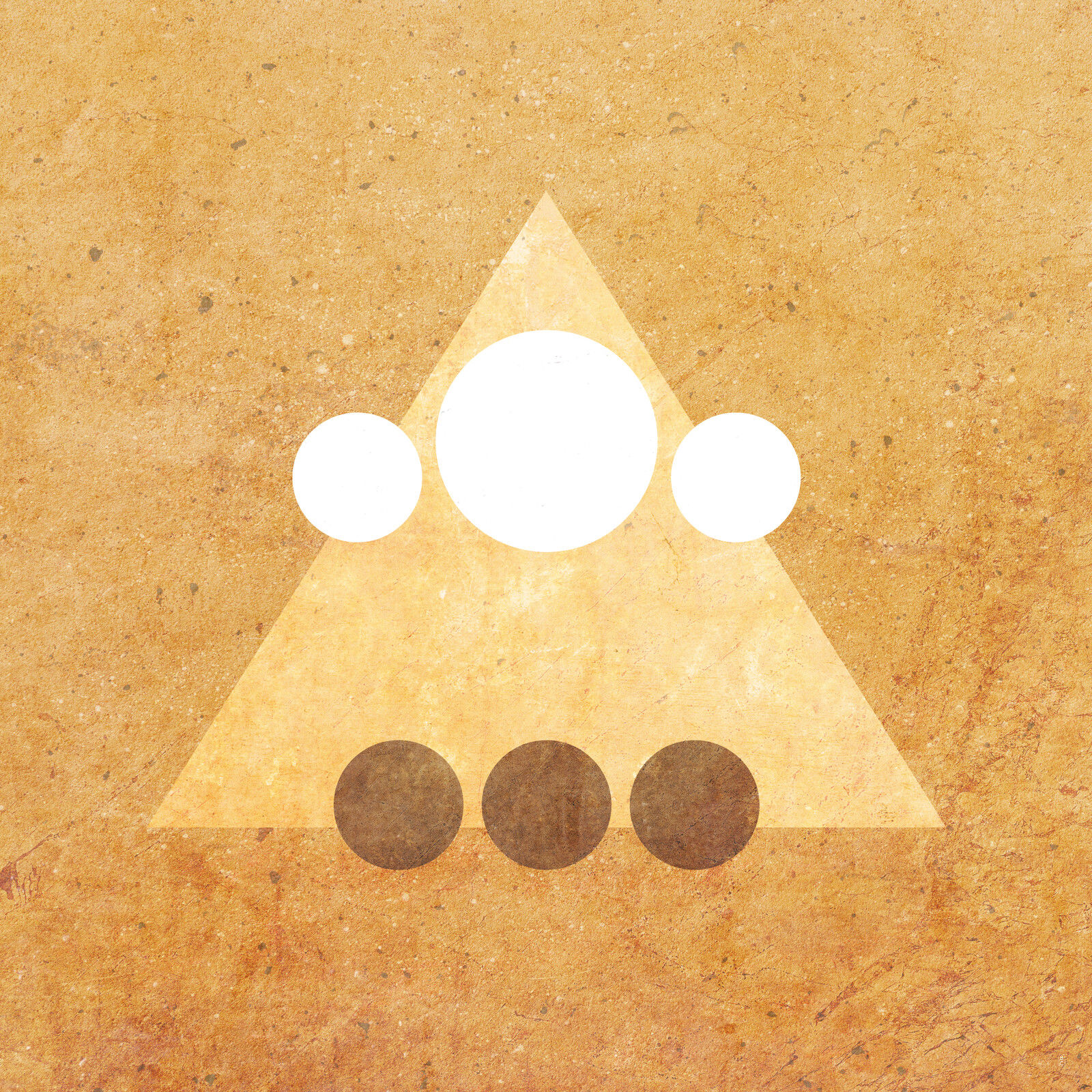 A light brown triangle with three white circles across the top (the middle circle is larger) and three dark brown circles across the bottom.