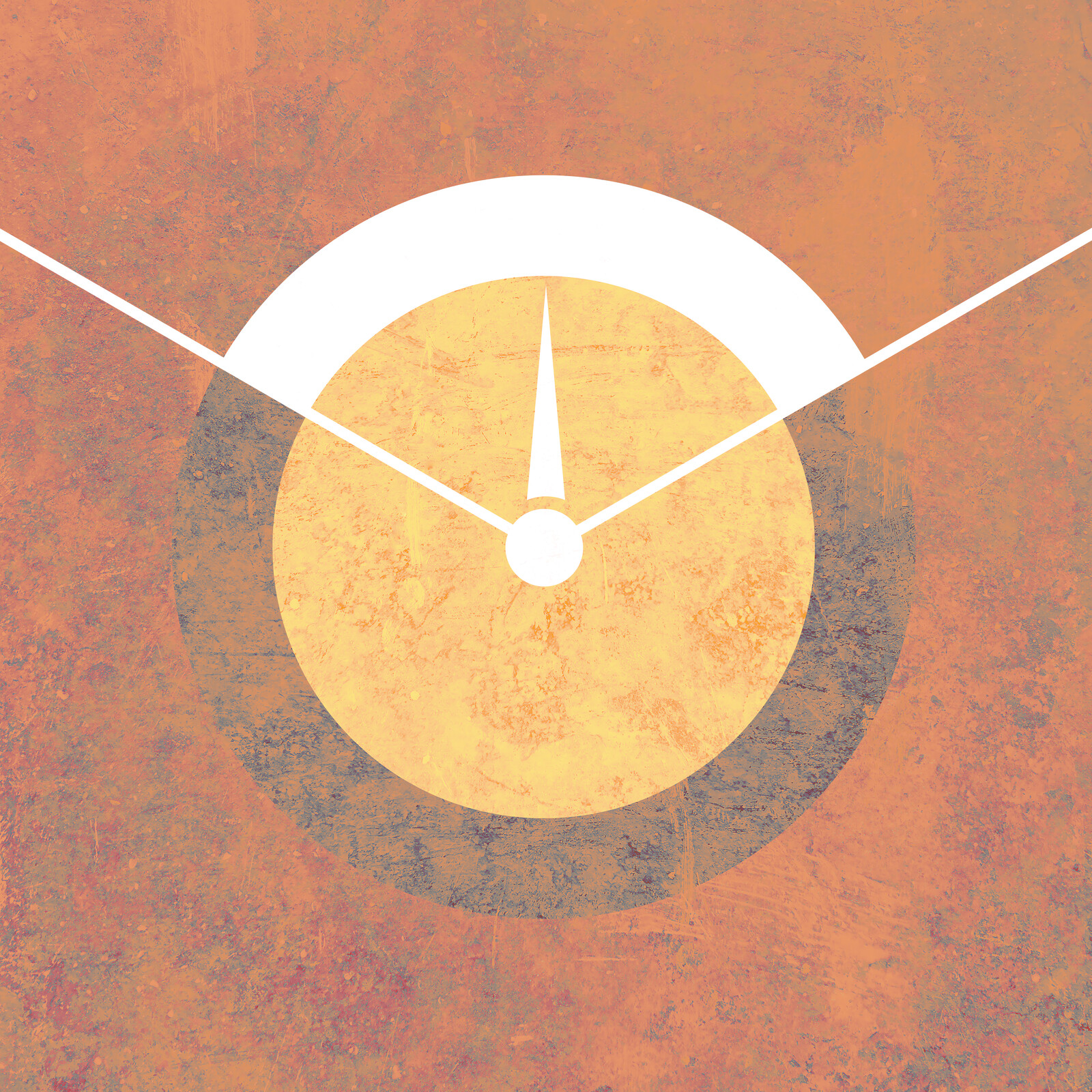 A golden circle at center, with a small white circle over it at its center and a white arrow above that, pointing up to a thick white arc.