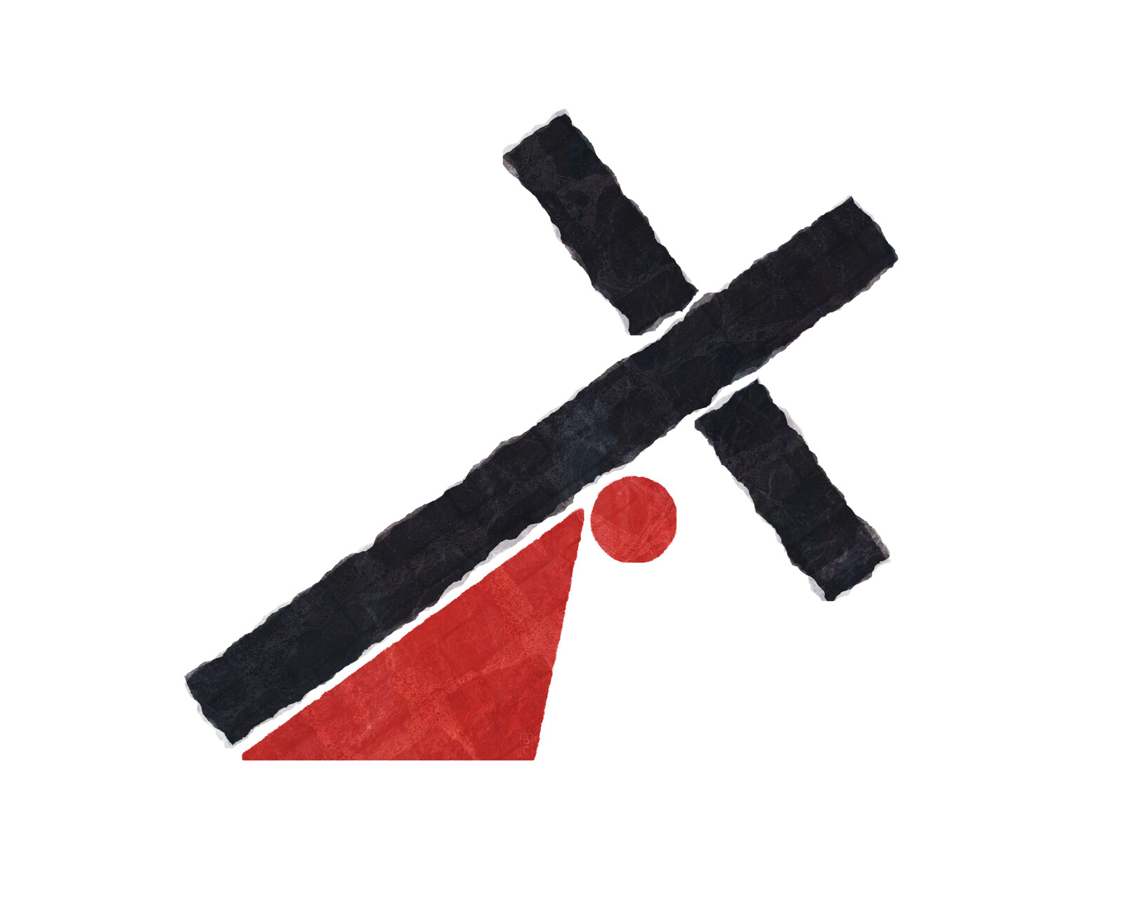 A red circle-and-triangle figure carries a black cross.