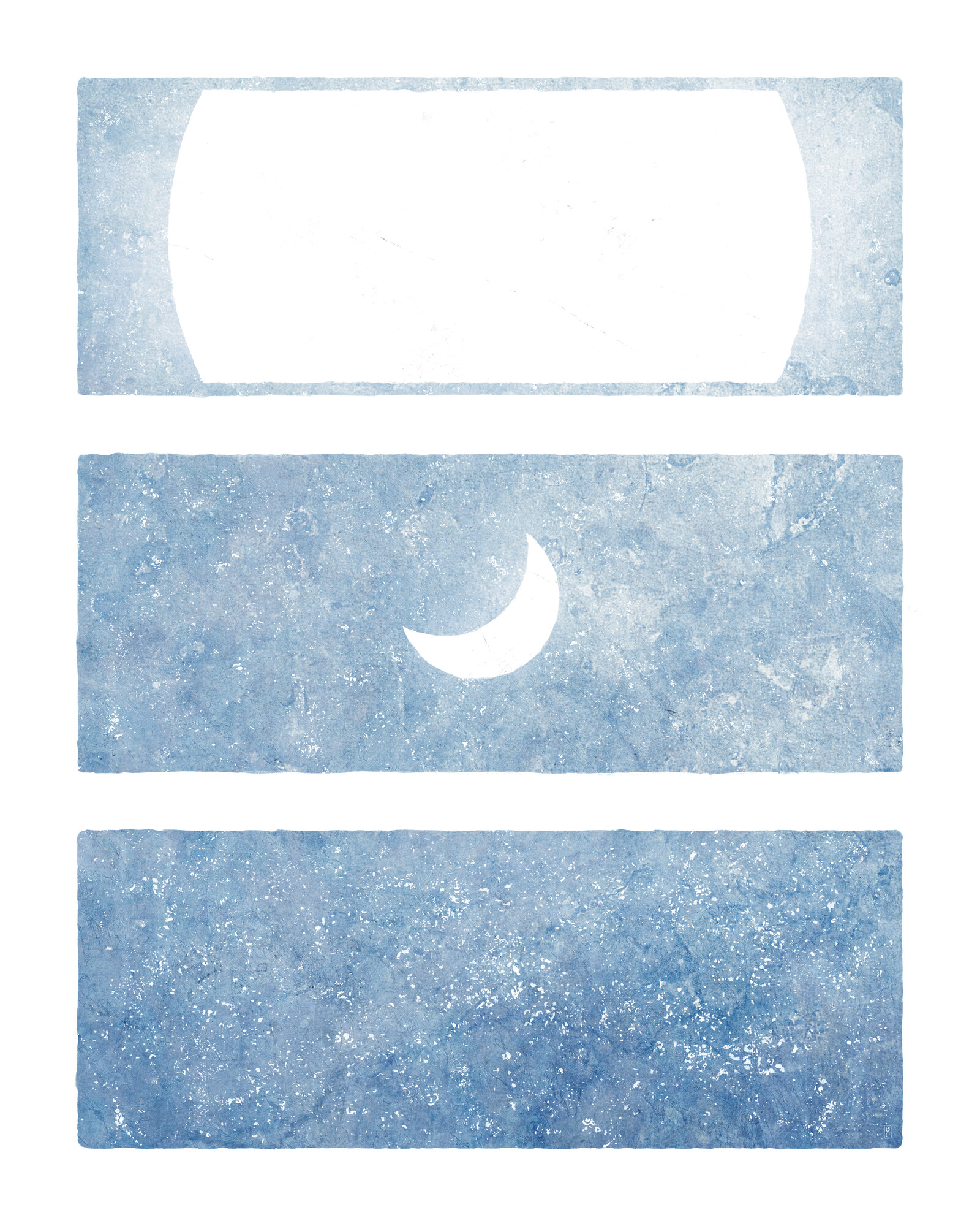 Three blue panels in a vertical layout. The top panel has a glowing white circle at center, large enough that you can't see the whole thing. The middle panel has a small glowing white moon shape at center. The bottom panel has lots of little white dots.