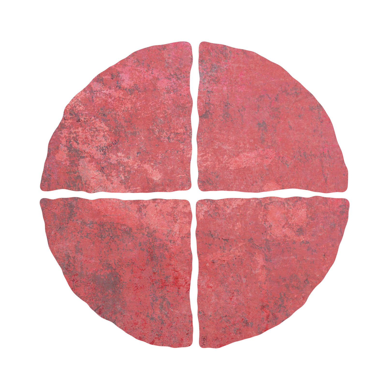 A reddish pink circle cut into four quarters.