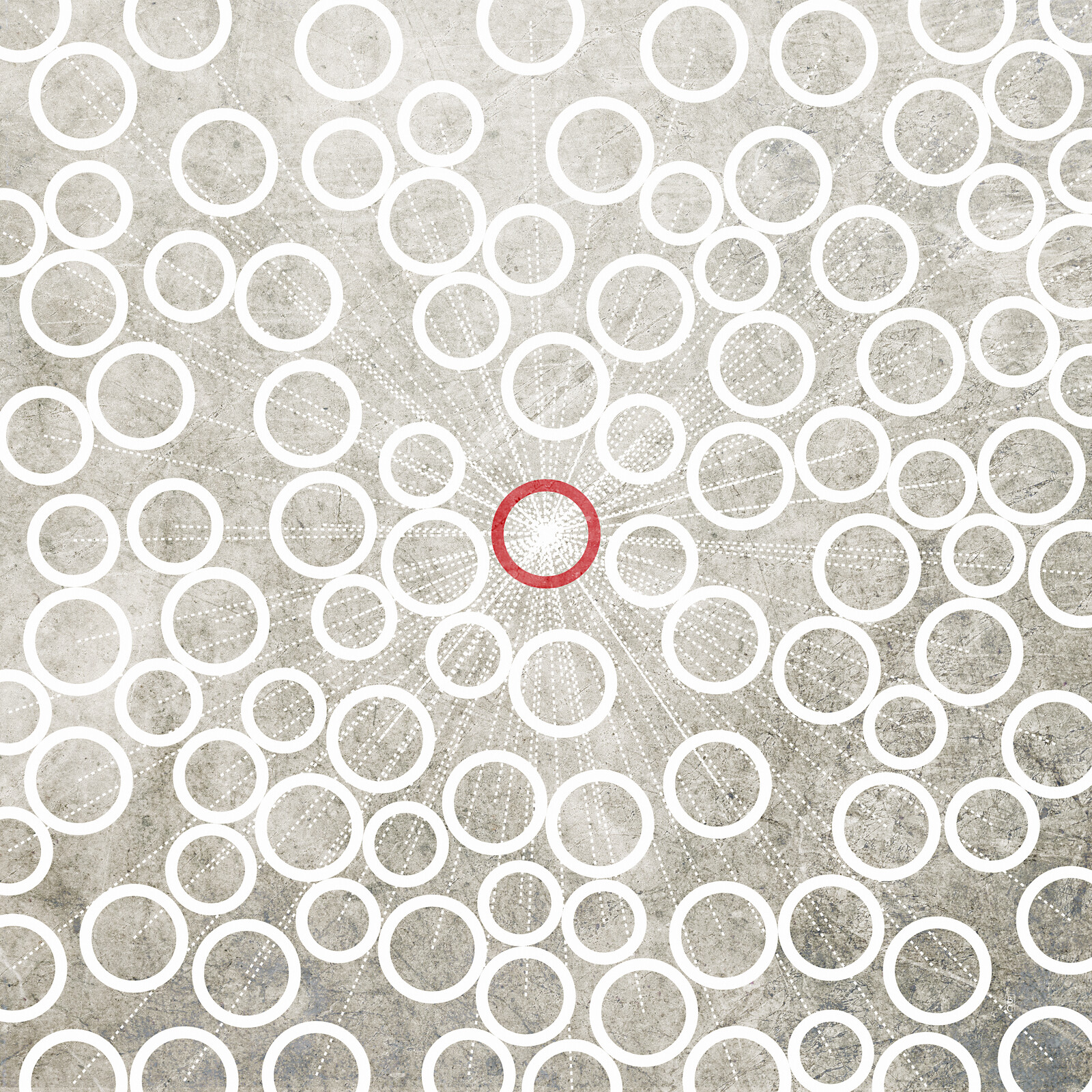 A hollow red circle surrounded by lots of hollow white circles. There are tiny white dashed lines from the center of the red circle to the center of each white circle.