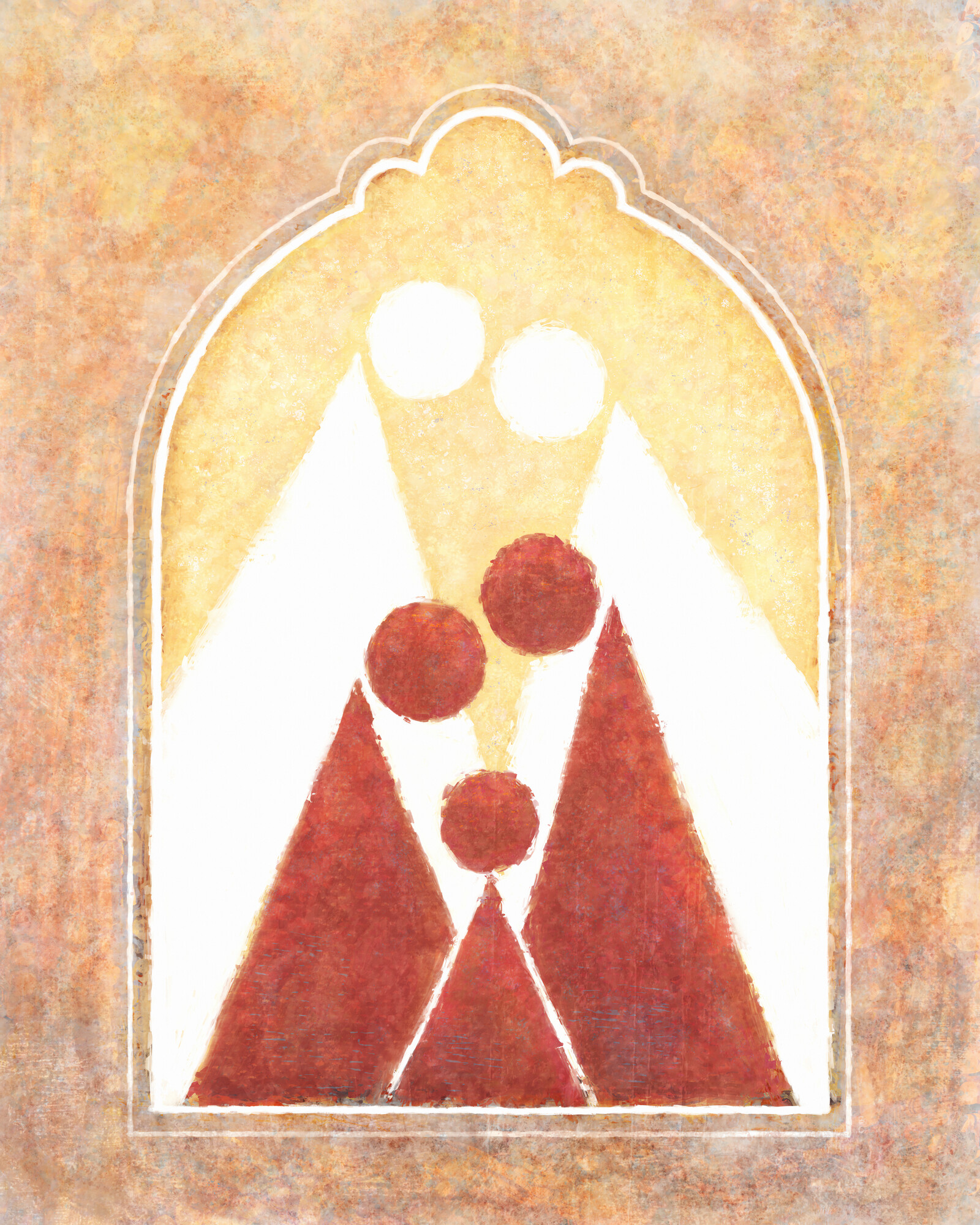 Red circle and triangle in the figure of a child, with two larger red circle and triangle figures standing behind it, with two even larger white circle and triangle figures standing behind them.