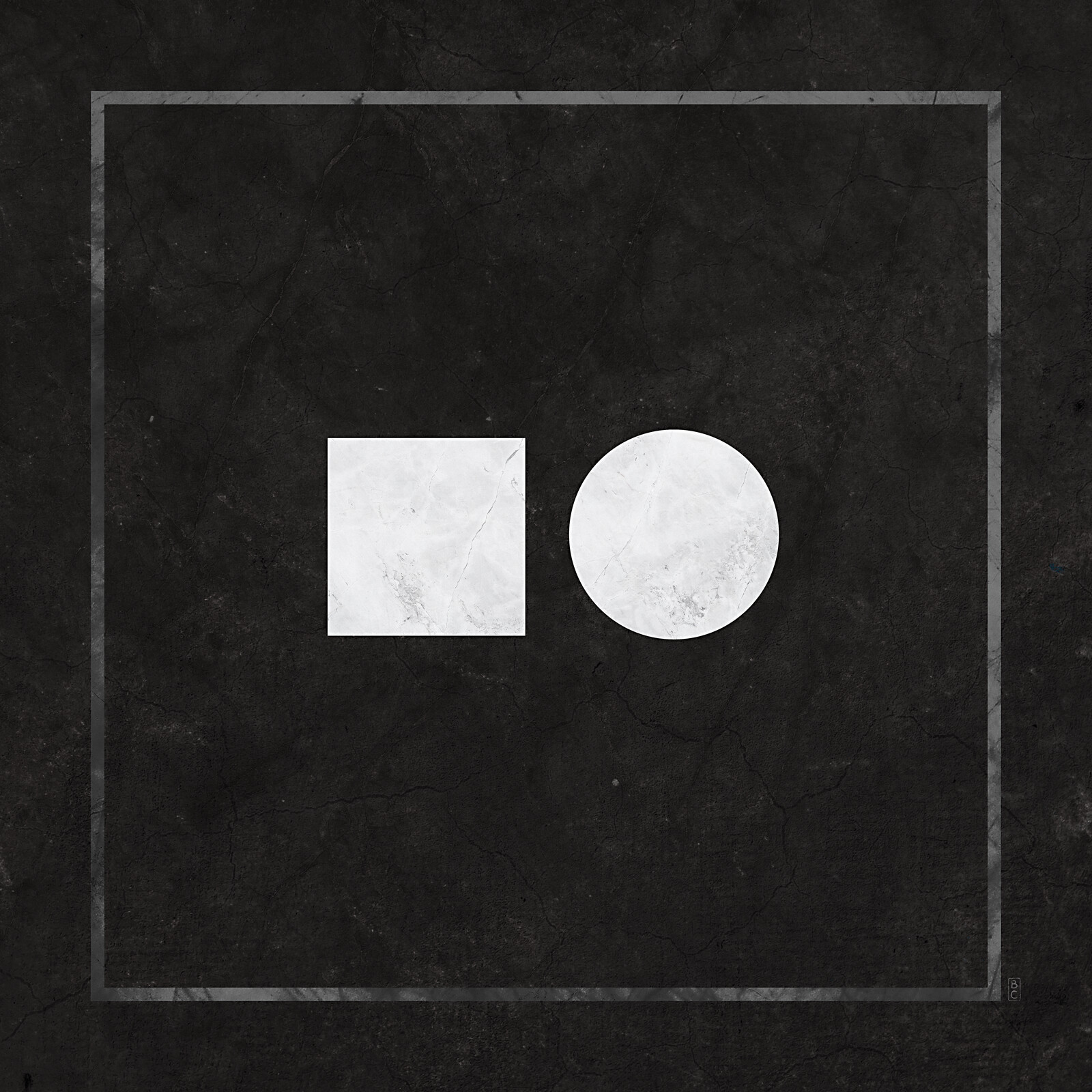 A white square and a white circle on a black background.