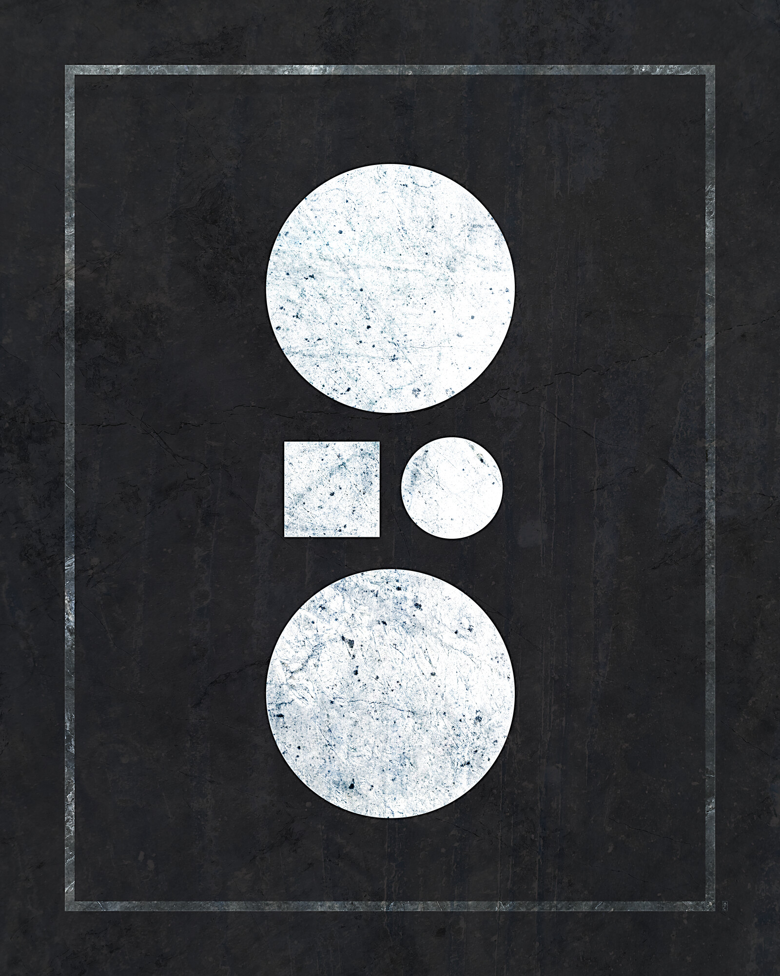 A white square and a white circle, with larger white circles above and below, on a black background.