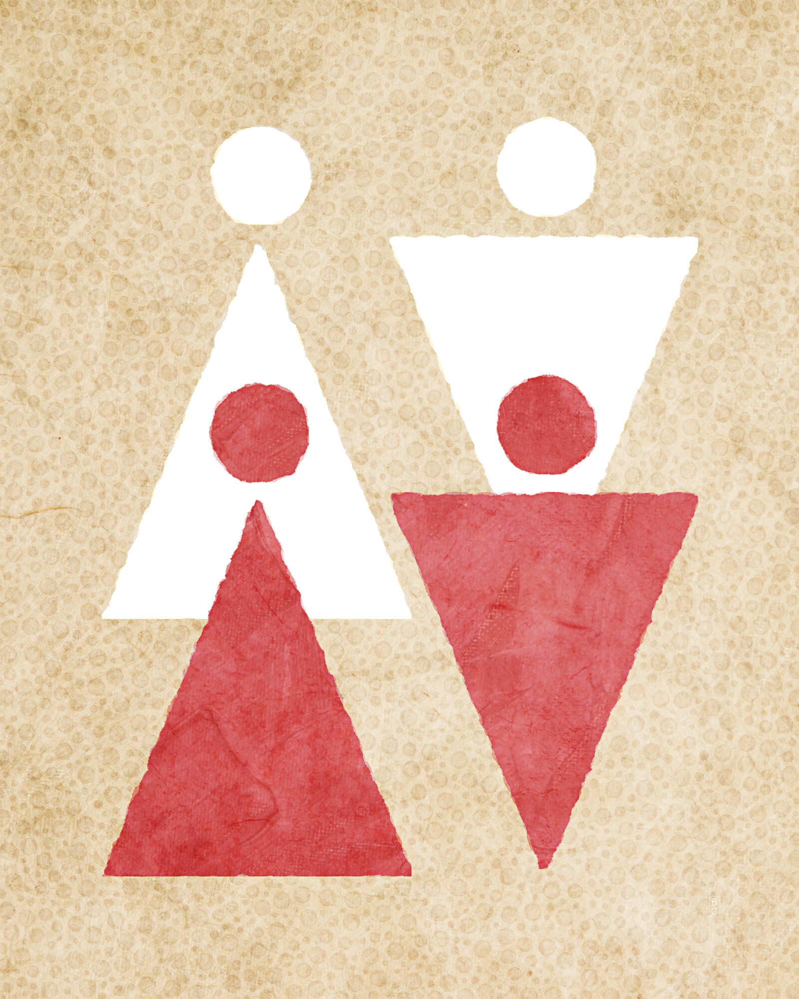 Two white circle-and-triangle figures at top, two red circle-and-triangle figures at bottom.