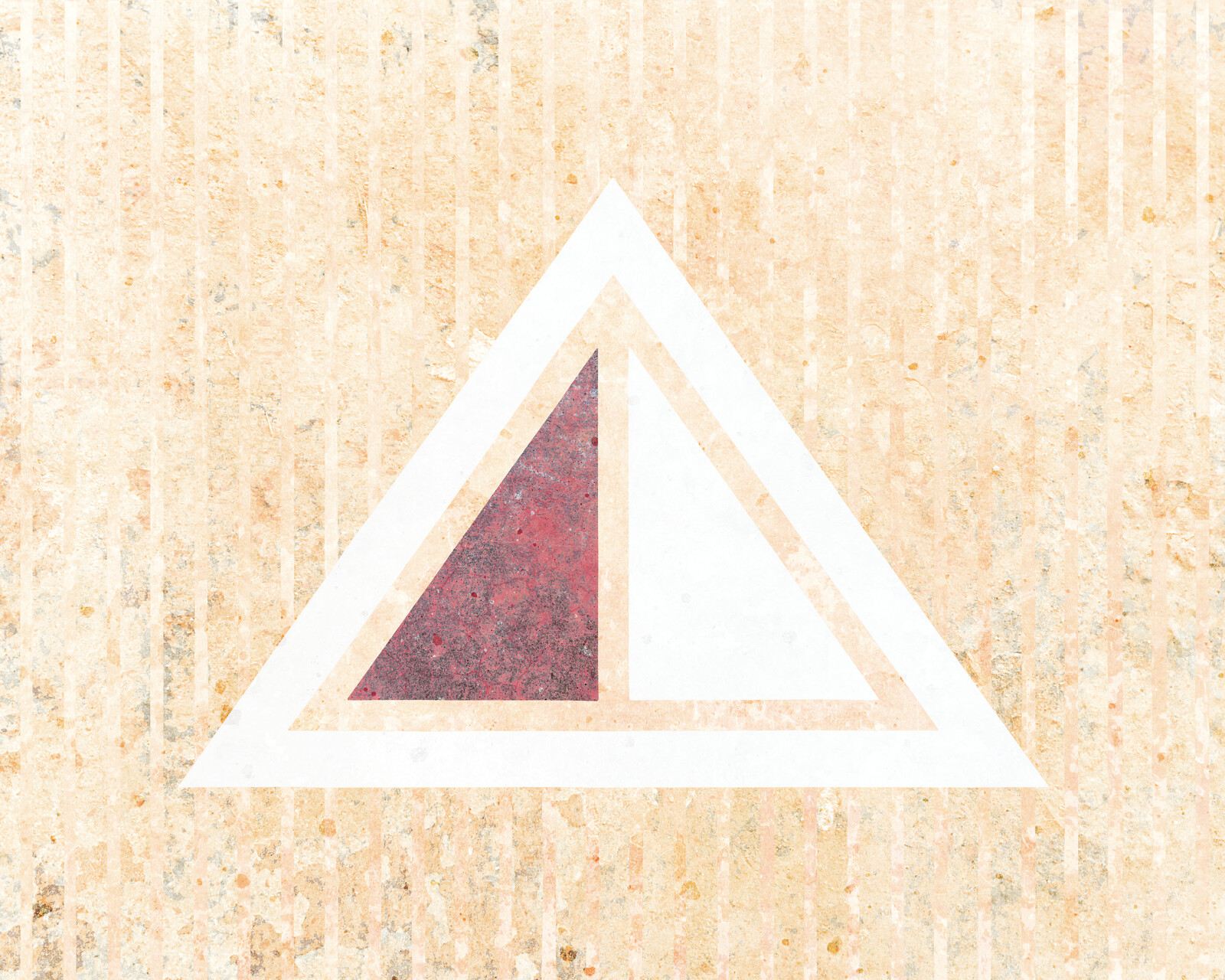 A hollow white triangle inside of which are facing red and white triangles.
